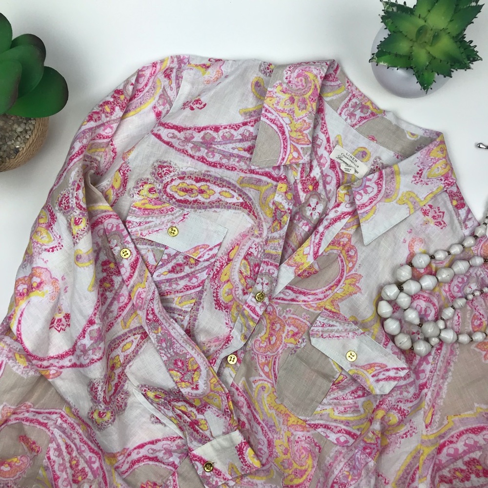 Linen Button Up Shirt 2XL Roll sleeves Paisley